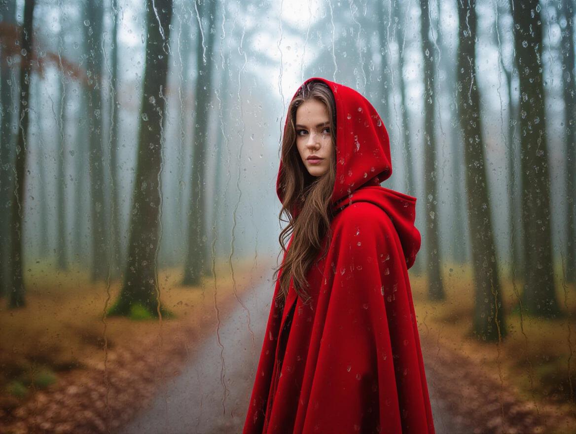A young woman poses in a vibrant red cloak. A forest shrouded in fog extends behind her. Rain drips down a windowpane creating a watercolor effect. The surroundings blend into soft, dreamy shapes and colors.