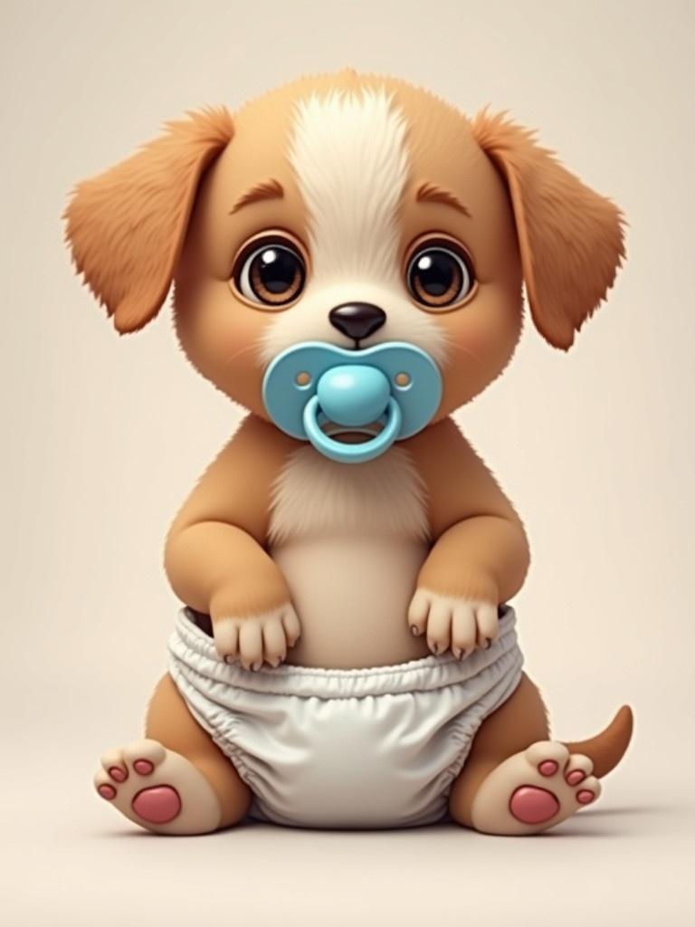 Puppy wearing a diaper and a pacifier sitting on a smooth surface. The puppy has big, expressive ears and a playful demeanor. Soft colors create a whimsical feel.