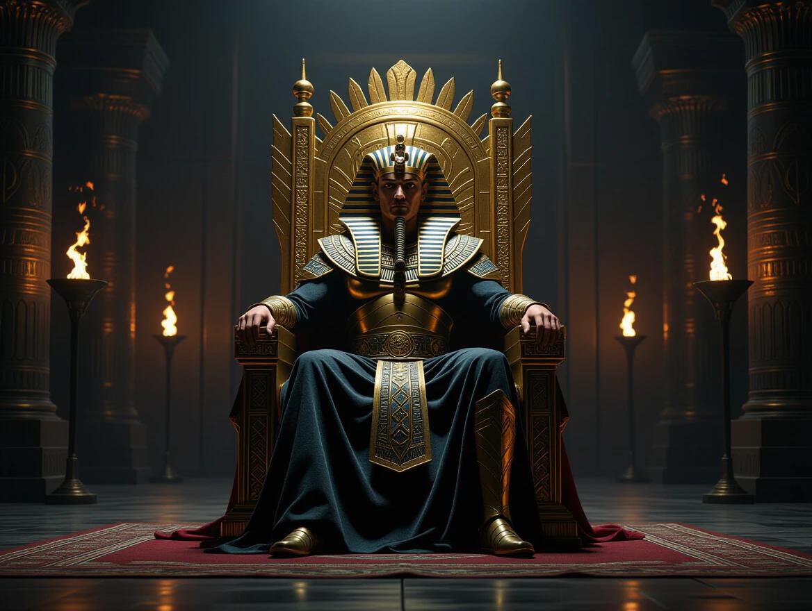 Pharaoh seated prominently on a magnificent golden throne. The setting is a dark hall illuminated by flickering torches. The surroundings are grand and imposing. The expression conveys authority and determination. Rich textures and deep colors create an atmosphere of power and majesty.