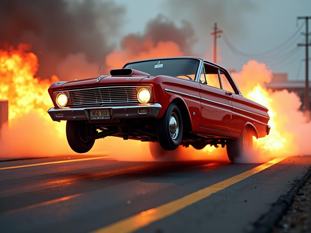 Action shot of a 1962 Ford Falcon hot rod jumping off a ramp with sparks flying and dynamic explosions in the background. Car has LED underglow lighting. Captured with a low angle perspective.