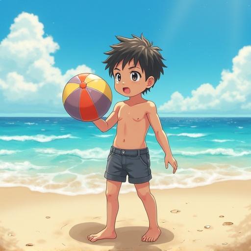 Anime style illustration of a boy at the beach. The boy has short dark hair. He is holding a colorful beach ball. The background features a sunny beach with clear blue water.