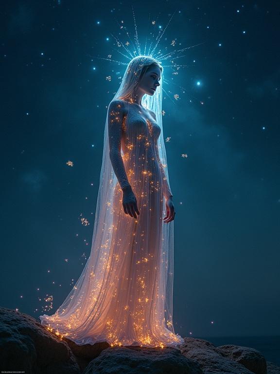 A mystical figure standing gracefully. The figure radiates light and sparkles. The background is a starry night sky. The overall texture is dreamy and ethereal.