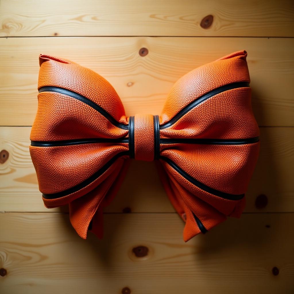 An oversized bow resembling basketballs placed on a wooden surface.