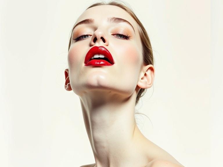 Klimt style portrait of a woman's face with open mouth. Background is white. Lips slightly parted with red lipstick. Modern minimalistic art style.