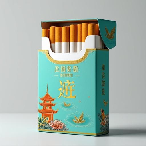 Stylized image showcases opened Huanghelou cigarette package. Vibrant light teal color dominates the box. Golden crane and pagoda motifs enrich the design. Chinese characters appear in a clear font. Package contains visible cigarettes inside. Light gray background adds emphasis on design elements and color saturation.