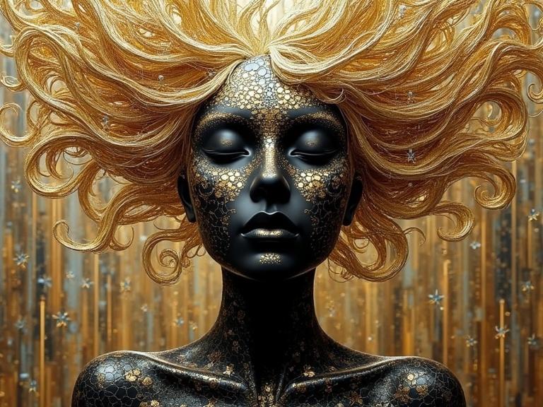 3D iridescent ceramic tile and glass mosaic with an abstract and ethereal look. Features a matte black mask with gold hair. Architectural elements serve as the background with hues of brown and gold.