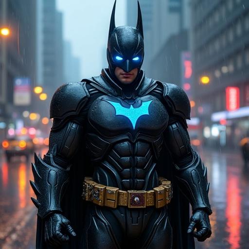 Futuristic armored superhero with features resembling Batman and Kamen Rider. Exosuit is sleek and black with glowing blue eyes. Bat-shaped emblem on the chest. Tokusatsu-style helmet and detailed armor. Character has a mechanical belt with parts, futuristic gauntlets, and boots. Hero stands in the rain on a cyberpunk city street at night with cinematic lighting.