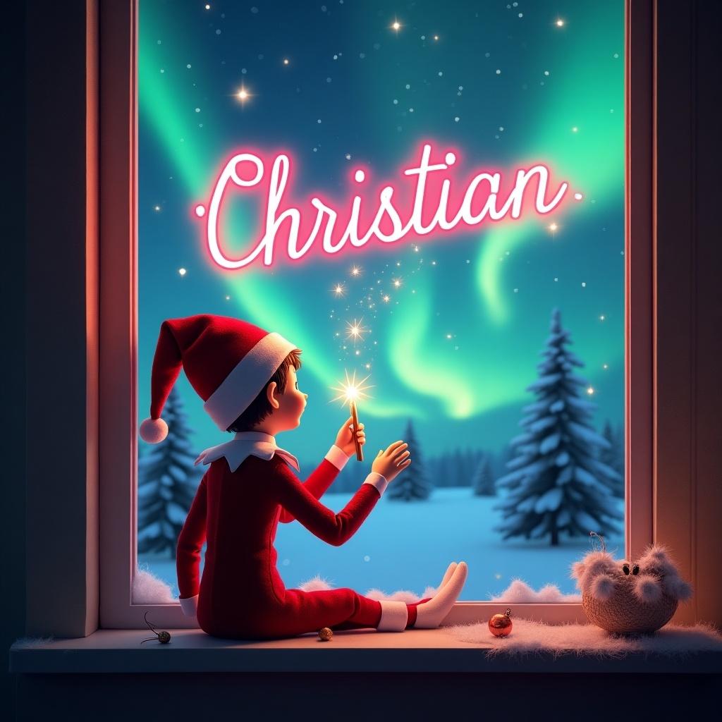 Enchanting Christmas scene with elf on the shelf. Elf dressed in red and white. Sitting by window with back to viewer. Using magic wand to write 'Christian' in glowing pink script. Vibrant northern lights backdrop. Magical ambiance with joyous Christmas spirit.