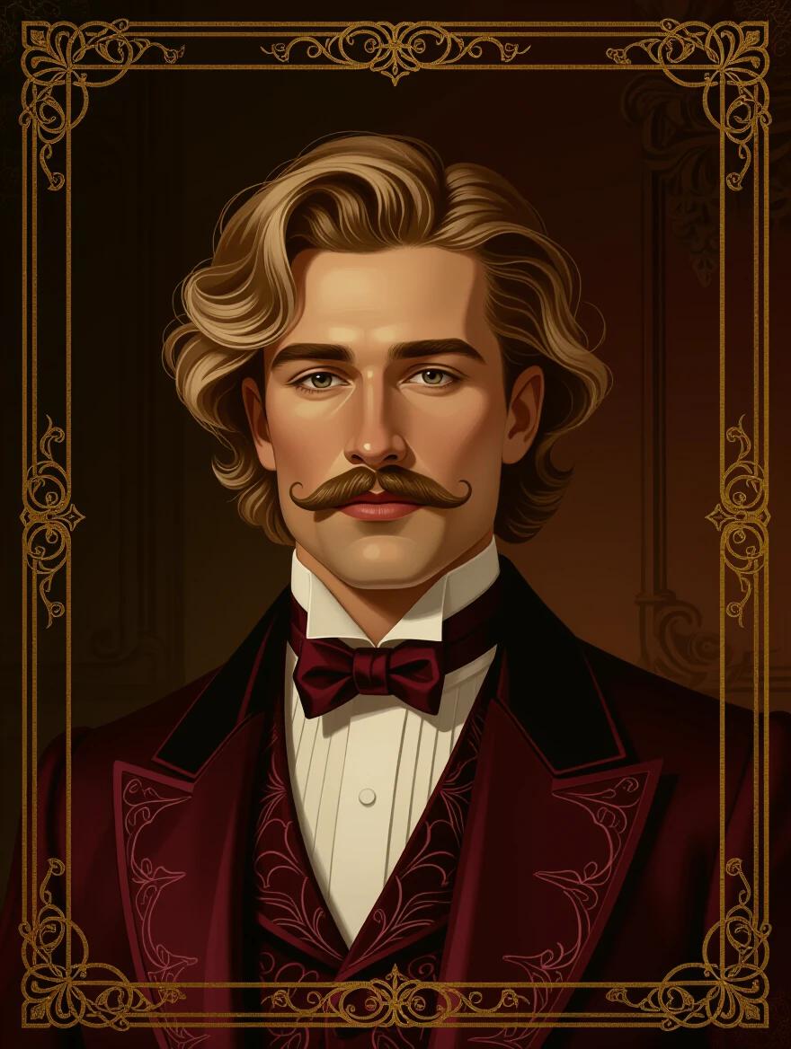 A waist up portrait of a handsome Russian man with wavy blonde hair and a curled moustache. The man wears ornate burgundy formalwear. The background is a dimly lit mansion room with a dark and mysterious tone. An art nouveau style border frames the portrait.