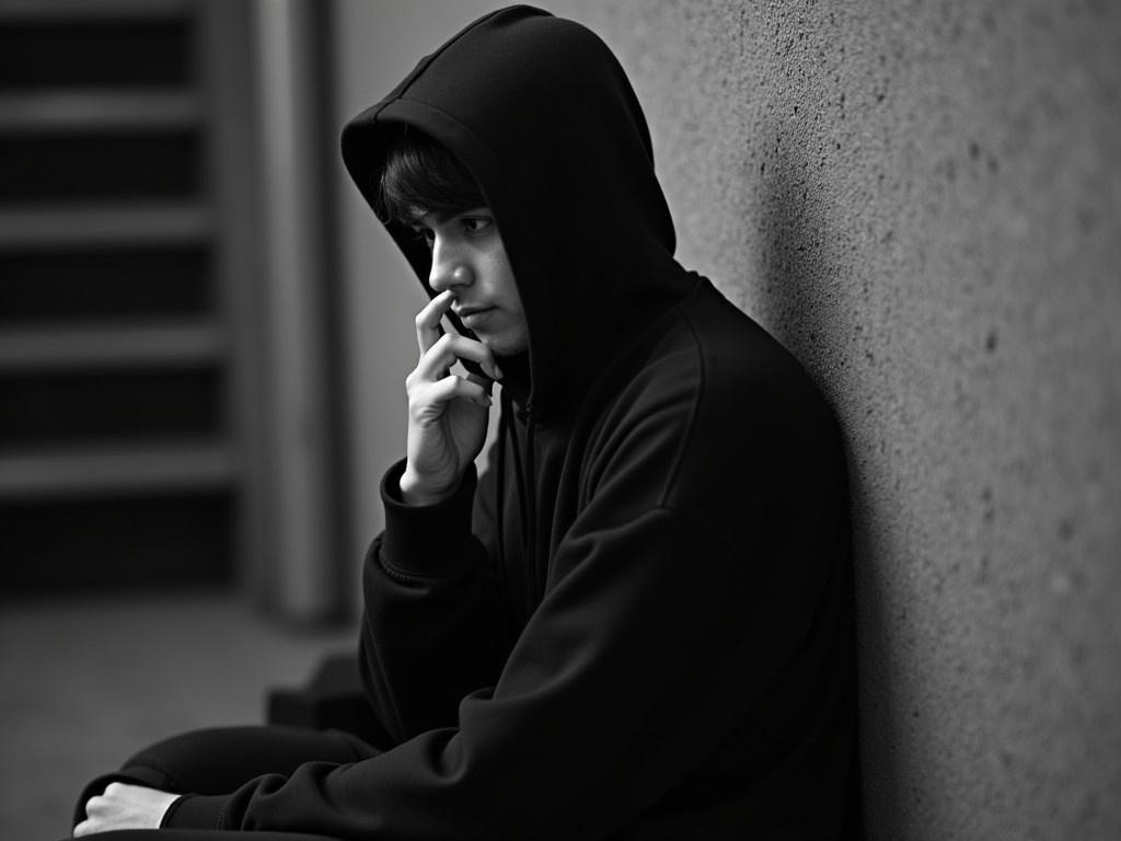 The image shows a person in a black hoodie, seated against a textured wall. The background appears to have some structures, possibly shelves or stairs, but it is blurry. The person is posing with one hand on their face and looking away from the camera. The lighting is soft, casting a calm atmosphere. The image is in black and white, emphasizing contrasts and textures.