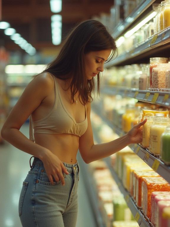 Woman reaching for candle jars at a supermarket. She wears a crop top and jeans. Bright colored candles on the shelf. Indoor supermarket setting. Natural light falls on her and products.