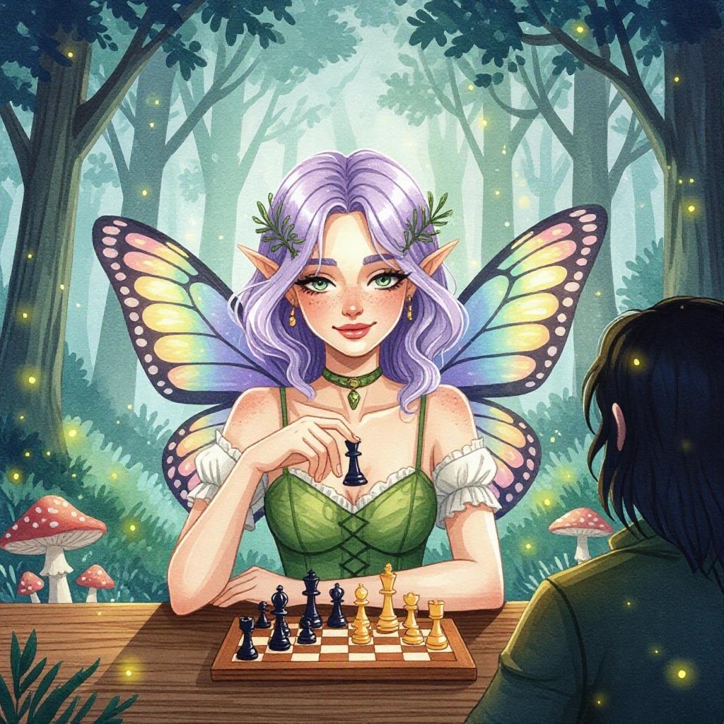Digital painting depicting a fae girl with lavender hair and butterfly wings playing chess in a mystical forest. She has a sly smile and intense eye contact with her opponent. A silhouette of the opponent is in the foreground. Mushrooms and fireflies illuminate the scene. The artwork has soft pastel colors and ink line details in a dreamy atmosphere.