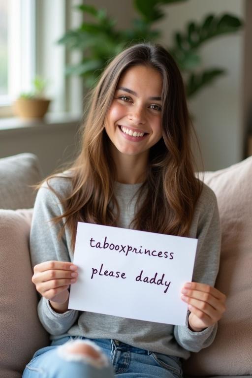 A young woman sits comfortably in a cozy living room. She holds a piece of paper. The paper shows her Instagram handle and a phrase. The decor includes soft pillows and plants. Natural light fills the space. The vibe is casual and inviting.