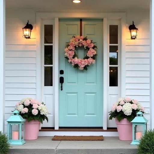 Front porch features white siding and a light aqua door. A wreath made of light pink roses and white hydrangeas decorates the door. Large light pink flower pots hold similar flowers next to the door. Tall light aqua lanterns with candles sit beside each pot. Twinkle lights adorn the wreath. Interior lights are visible.