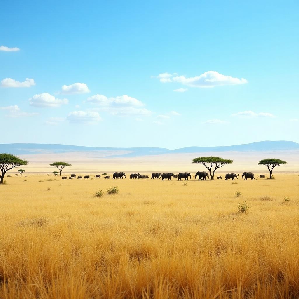 This image depicts a vast savannah landscape under a clear blue sky. A herd of elephants can be seen walking gracefully across the golden grassland. The scene features acacia trees dotting the landscape, providing a natural contrast. The warm colors evoke a sense of tranquility and connection to nature. This picturesque setting is representative of the African savannah's unique ecosystem.