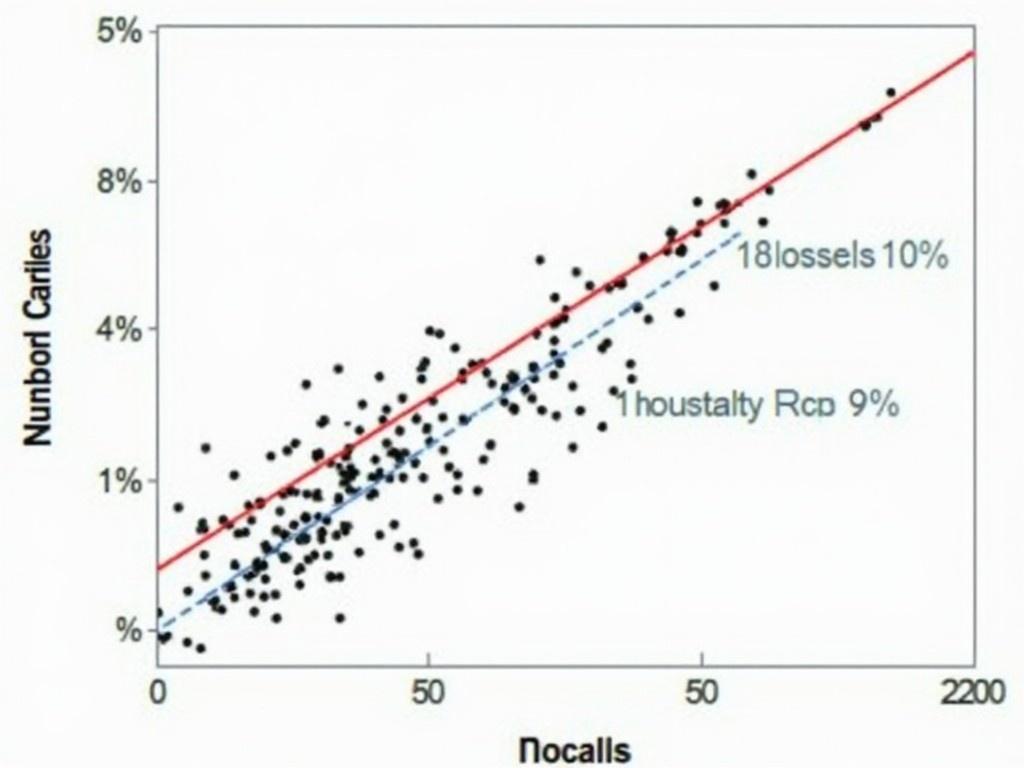 This image is a scatter plot showing the relationship between the number of patients with complications after major surgery and the risk-standardized mortality rate expressed as a percentage. The x-axis represents the number of patients, while the y-axis displays the mortality rate. A red line indicates the overall mortality rate, which appears to be around 20%. Two sets of dashed lines represent the 95% and 99.8% control limits, outlining the range within which the mortality rates fall for most hospitals. Each point on the plot corresponds to a hospital, identified by a number, indicating their specific risk-standardized mortality rates. The density of points suggests variation in performance across hospitals.