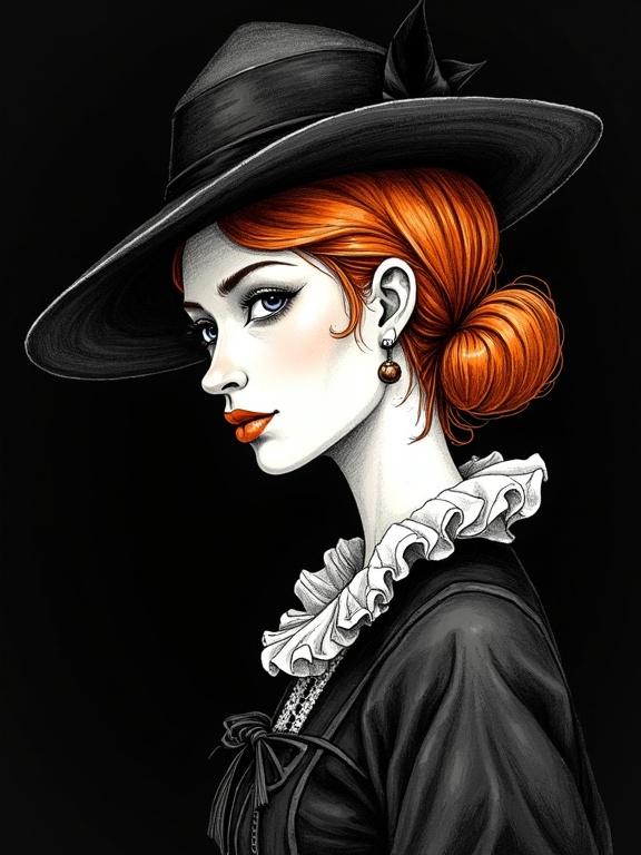 Monochrome ink illustration of a Renaissance ginger queen. Elegant hat. Flared nostrils. Orange hue. Soft gaze. Portrait in quarter-turn. Staring sideways with sly expression. Deep shadows create contour emphasis. Bold lines, scratched ink details. Black background for isolation. Gothic and soft style.