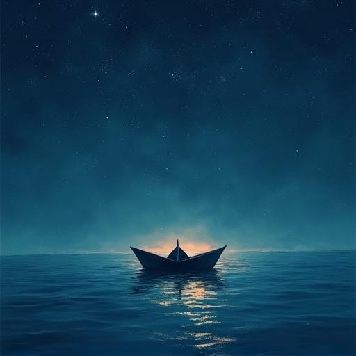 A paper boat sails across a dark ocean under a starry night sky. Stars are reflected in the water creating a serene environment. The style is minimalist surrealism with abstract forms and textured brushwork.