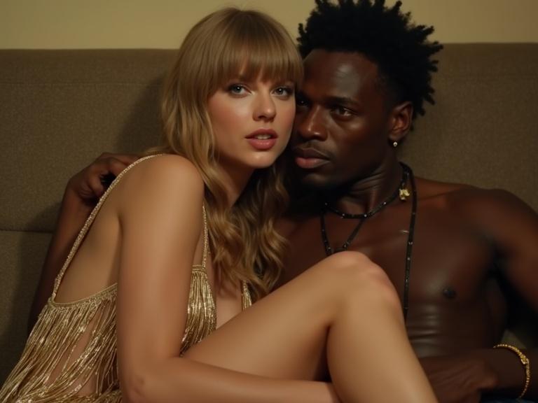 Close up photo of a woman in gold fringe prom dress. She lies on a couch with her partner in a motel room. The woman has long blonde hair and a black spade pendant. They hold a sign saying '1st date' smiling. They are close and relaxed together.