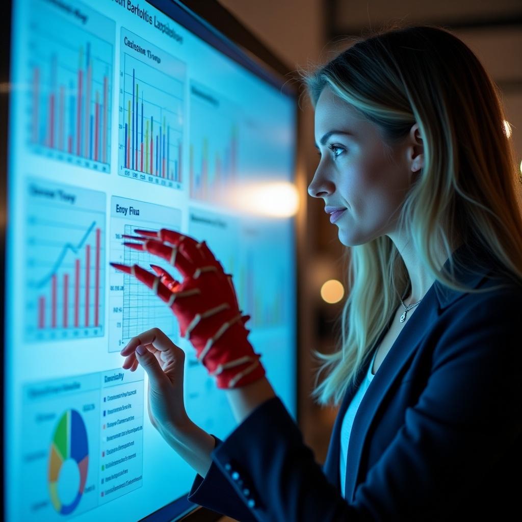 Woman with lobster claw prosthetics interacts with large touchscreen displaying charts and graphs. Professional setting with business context.