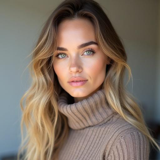 Close-up portrait of a young woman with long wavy blonde hair. Features include blue or green eyes and defined eyebrows. Wearing a taupe turtleneck sweater. Makeup looks natural and glowing. Background is neutral and out of focus with soft lighting.