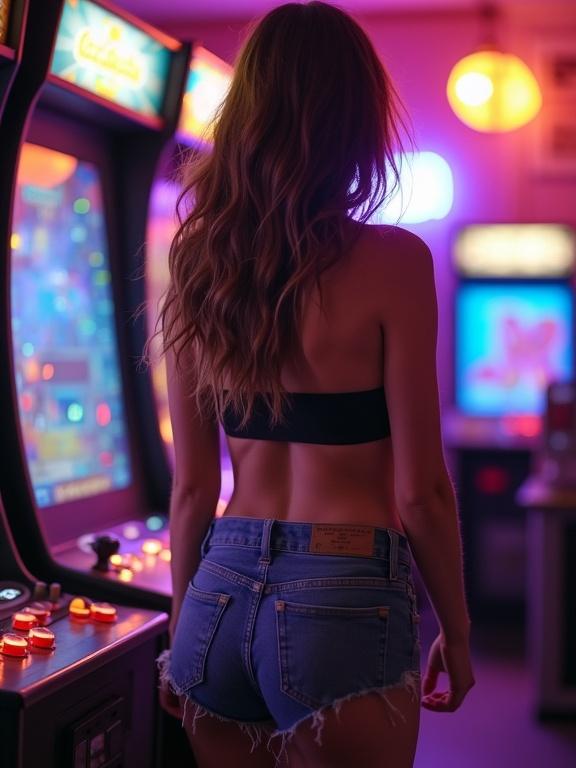 A female gamer stands in a vintage arcade. She has flowing hair and wears a black bandeau top with snug denim shorts. Bright arcade lights illuminate the scene creating a vibrant atmosphere.