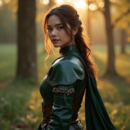 A beautiful female scout stands in a medieval forest training ground during dusk. She wears dark green leather armor with silver designs. Armor reveals collarbones and waist gracefully. Her hair is chestnut brown with golden highlights. Warm light filters through trees highlighting her features. A shortbow rests on her back and a pouch hangs at her waist.