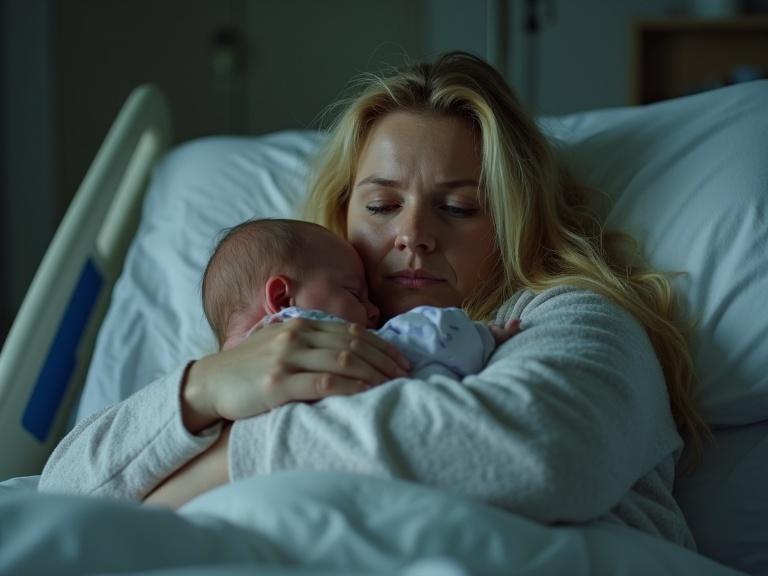 Mother with blonde hair holding her newborn baby in hospital bed. Mother appears tired and weary. Lights are low in a modern and clean room.