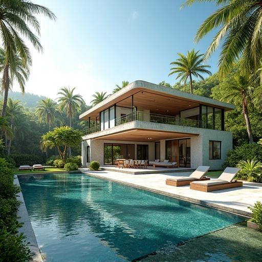 Create visual of luxurious 100m² villa in tropical setting. Villa features modern design, wide glass walls, spacious terrace, infinity pool. Surround with tropical forests, vibrant foliage, and palm trees. Emphasize white stone and wooden accents. Bright sunshine in the scene.