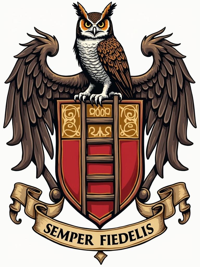 Personalized family crest designed with a central ladder on the shield. Includes an owl representing wisdom. Features the motto semper fidelis at the bottom. Incorporates Masonic handshake elements and symbolism.