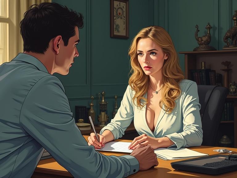 Illustration of a dramatic office scene. A woman sits at a desk facing a man. The woman looks intensely at the man as she writes notes. The man's expression is serious as he avoids her gaze. The room is filled with books and decor, creating a sophisticated atmosphere.