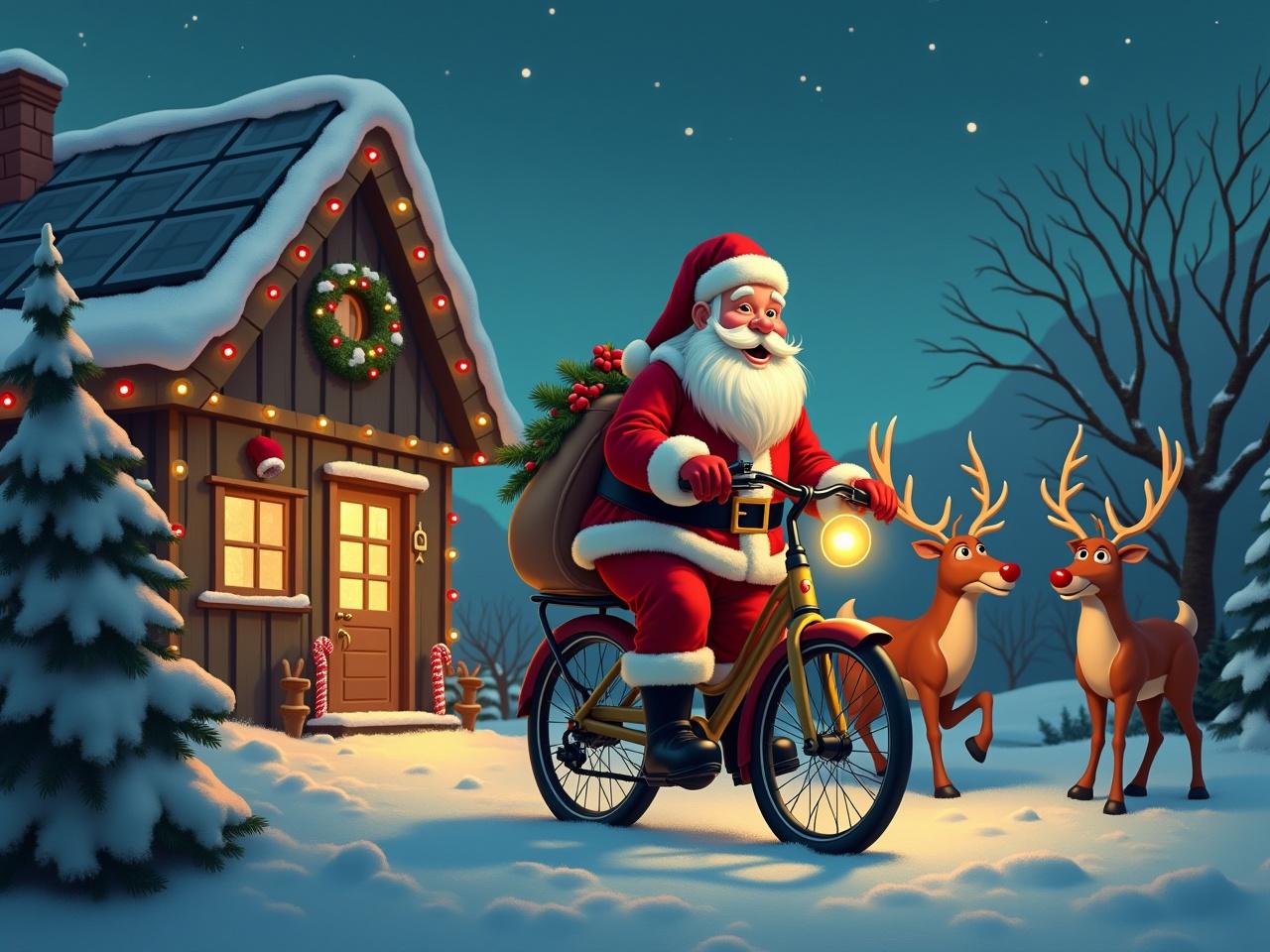 Santa Claus rides a bicycle with a bag. Reindeer stand nearby with a joyful elf. The workshop is decorated for Christmas with solar panels. A snowy landscape sets the scene.