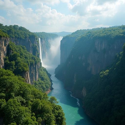 Aerial view of Angel Falls in Venezuela. Lush green cliffs surround a large waterfall. The river flows below. Cloudy sky enhances the landscape.