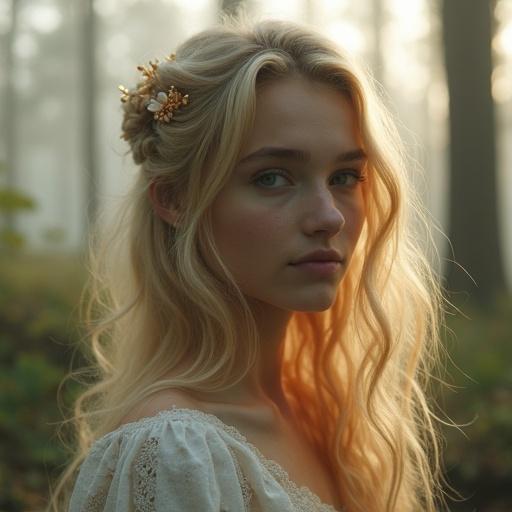 Ethereal blonde woman with loose curls. Moonstone ear threads shine in misty forest at dawn. Soft light creates a dreamy atmosphere. Hair adorned with floral accents.