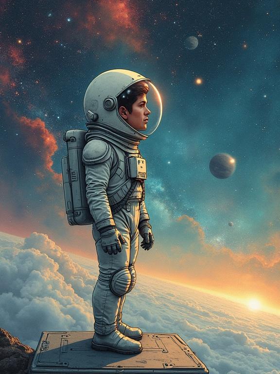 Hand-drawn Art Nouveau illustration of a male cosmonaut in a futuristic spacesuit. Sadness and longing on his face. Standing on a metallic platform, gazing at the vast cosmos. Behind him, a colorful nebula and distant planets. Soft lighting emphasizes his expression.