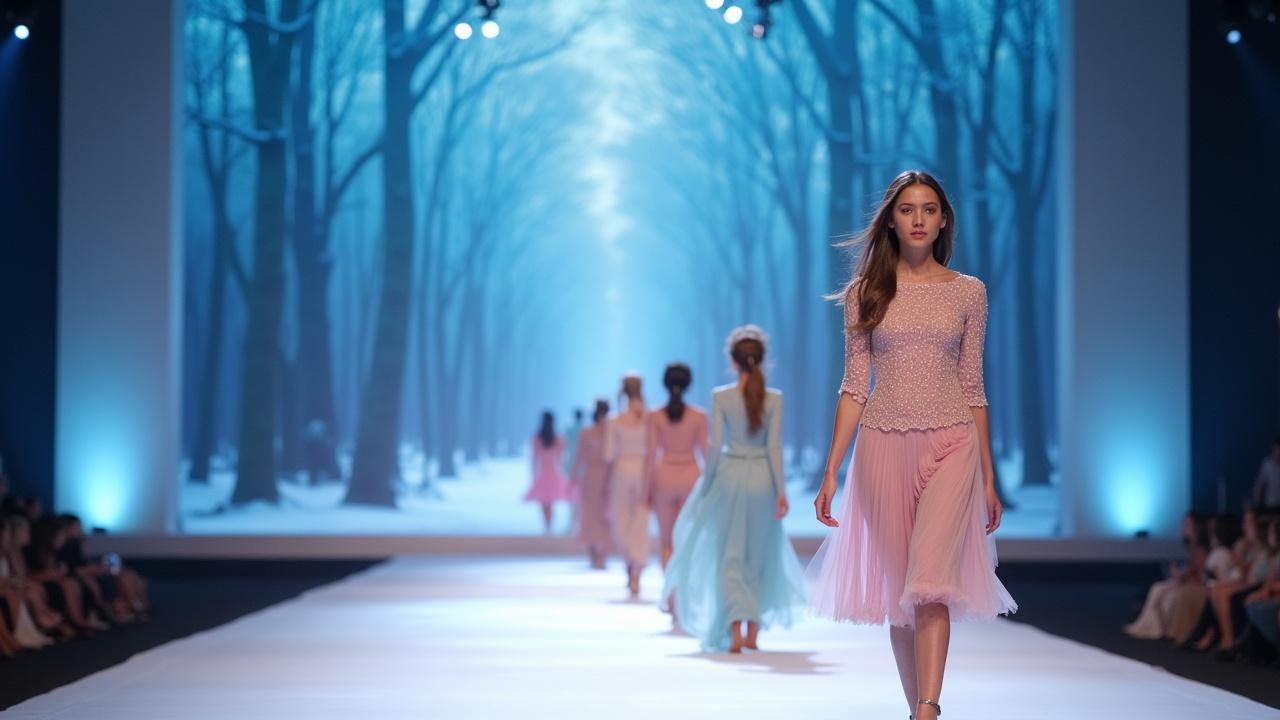 The image showcases a fashion runway with models walking gracefully. Each model wears elegant pastel-colored dresses that evoke a soft, wintery theme. The background features a beautifully designed forest scene, creating a serene atmosphere. The lighting highlights the outfits while maintaining a dreamy quality. The entire scene captures the glamour and artistry of a modern fashion show.