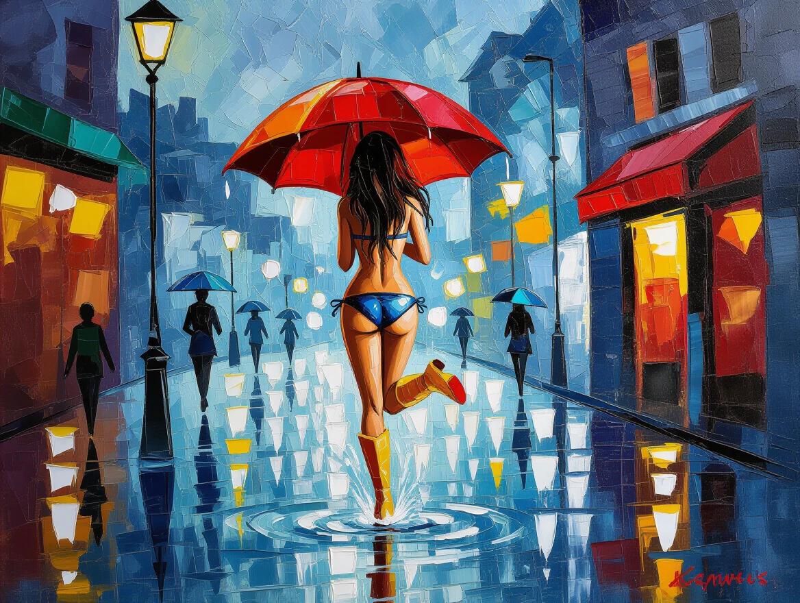 Detailed abstract image of a bikini woman with yellow boots and a red umbrella navigating a rainy day. The woman jumps in a puddle, vibrant raindrops swirl around her. Highly expressive textured brushstrokes hint at Post-Impressionism. Dynamic light and thick impasto create mirror-like reflections on the ground. Colors include bold red, soft cream, and muted pewter, with delicate leaf foil patterns and gold lines.
