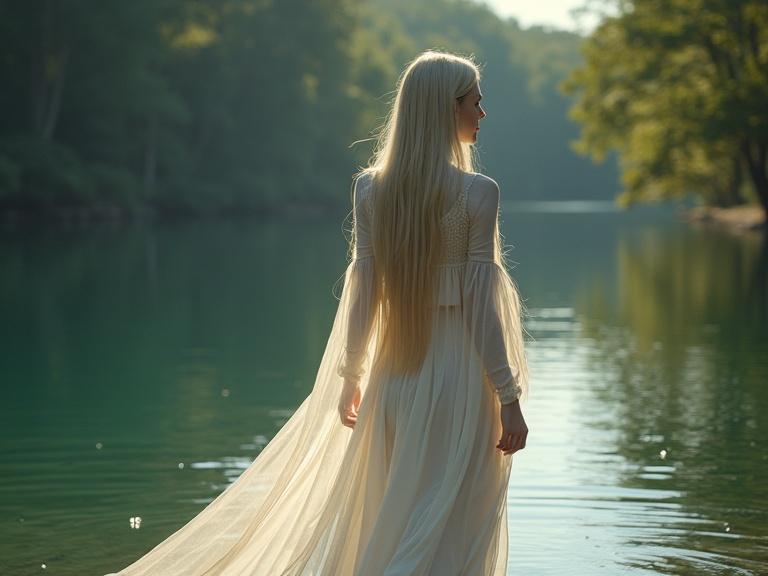 A realistic cinematic scene featuring a young woman with long straight platinum blonde hair wearing a white dress. She has water kinesis powers and is standing by a tranquil lake surrounded by woods. The sunlight filters through, creating reflections and caustics on the water surface.