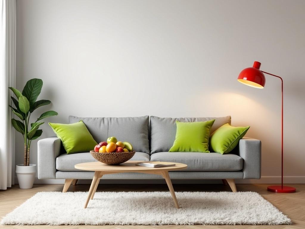 The image showcases a modern living room with a cozy ambiance. There is a comfortable grey sofa adorned with bright green pillows. A vibrant red floor lamp stands next to the sofa, casting a warm glow. On the coffee table, a decorative fruit bowl filled with colorful fruits adds a pop of color to the setting. A small potted plant is placed beside the sofa, enhancing the freshness of the room. The floor is covered with a soft white rug, contributing to a calming atmosphere. The walls are bare, allowing for potential personalization in the future.