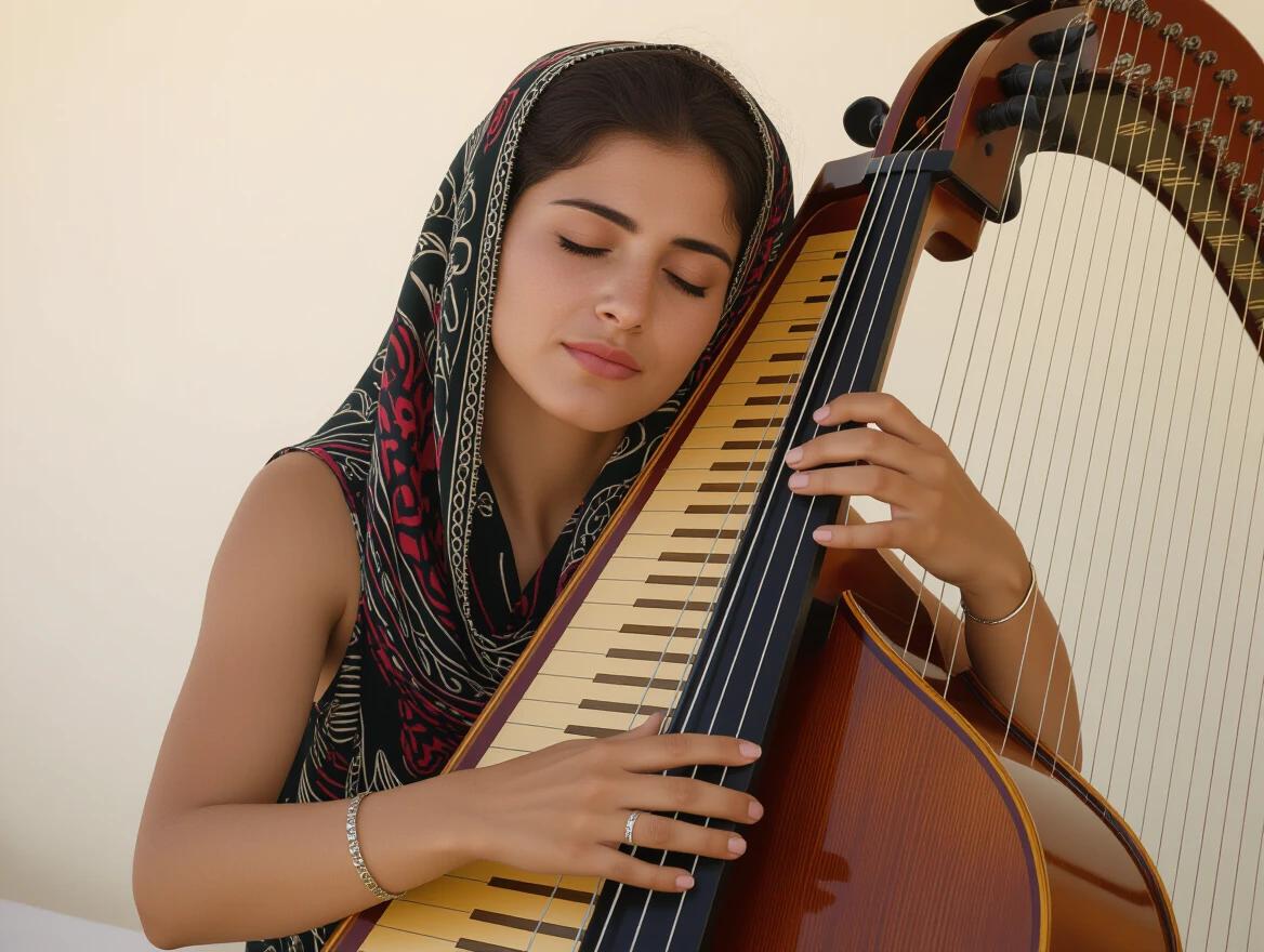 A Palestinian woman plays the harp with elegance. She closes her eyes and delicately embraces the instrument. The focus is on her hands and the harp. The background is softly blurred.