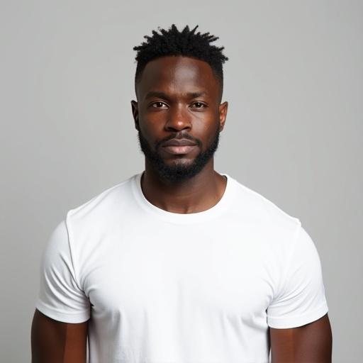 Centered portrait of a Black male with head and chest visible. Subject wears a white t-shirt and looks directly into the camera. Solid color background with no cropping at edges. High-resolution and realistic lighting. Subject has a neutral expression.
