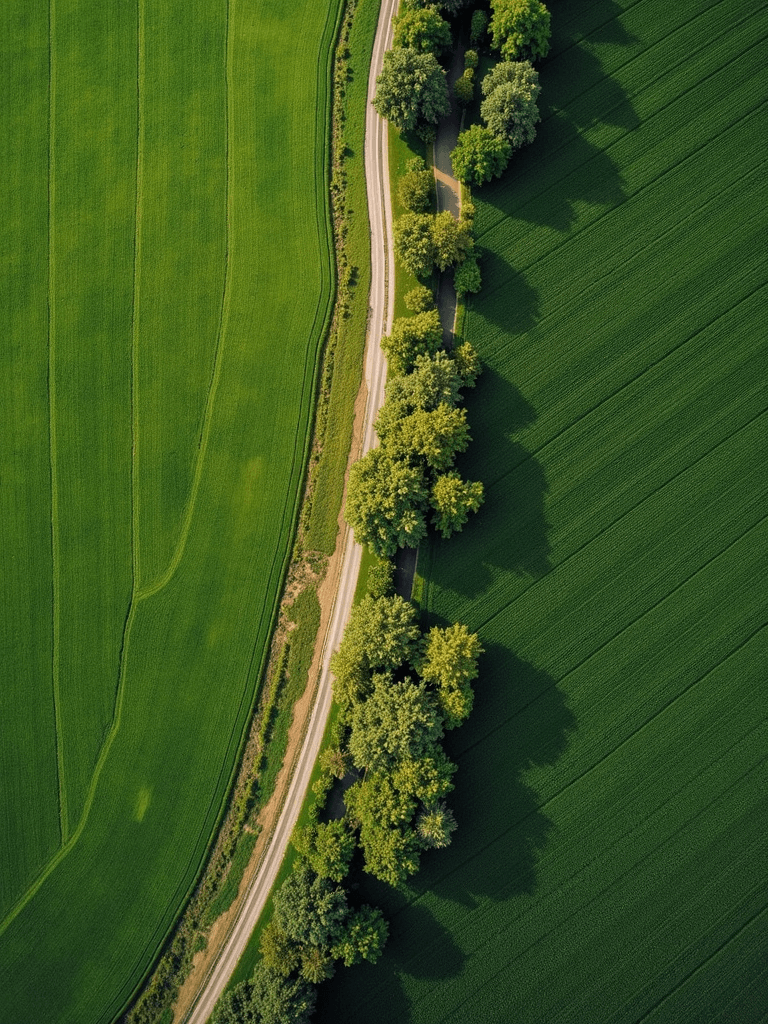 An aerial view of a winding road bordered by lush green fields and a row of trees casting long shadows.