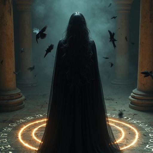 A beautiful woman stands before a glowing magic circle. She whispers ancient incantations. An infernal wind stirs. Long black hair flows in the wind. Eyes are deep and enigmatic. She wears a translucent veil and a dark gothic robe. Expression is calm yet haunting. A faint smile is present. The atmosphere is thick with mystery. Black feathers drift around her. Scene is in a dimly lit underground ritual chamber. Ancient runes glow on the stone floor.