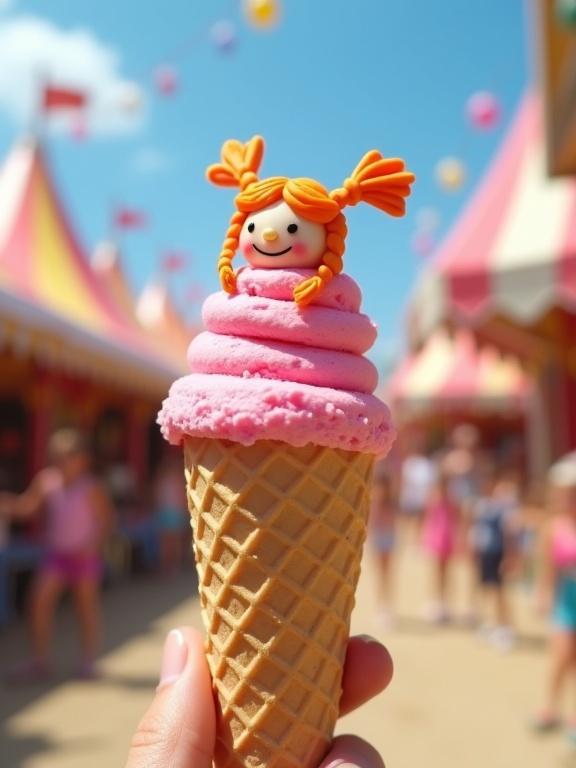 High-resolution image of a fun ice cream cone featuring Pippi Longstocking. Ice cream has tiny fondant figurines with orange braided hair. The scoop is pink in a textured waffle cone. Background shows a vibrant carnival scene with colorful tents, balloons, and active children. The cone is centered and illuminated by bright, natural daylight to emphasize the lively environment.