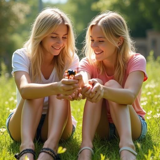 A photorealistic image of two young blonde girls enjoying a sunny day. They are smiling and laughing while crushing ants and beetles. The scene is set on green grass with flowers and trees in the background. The girls wear casual attire like shorts and t-shirts. The focus is on their joyful expressions and actions with insects.