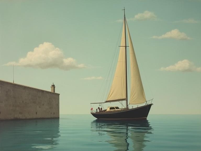 Surreal side view of yacht floats on calm water. Background has low stone wall and cloudy sky. Dreamlike colors, precise lines, subtle lighting capture Magritte's style.