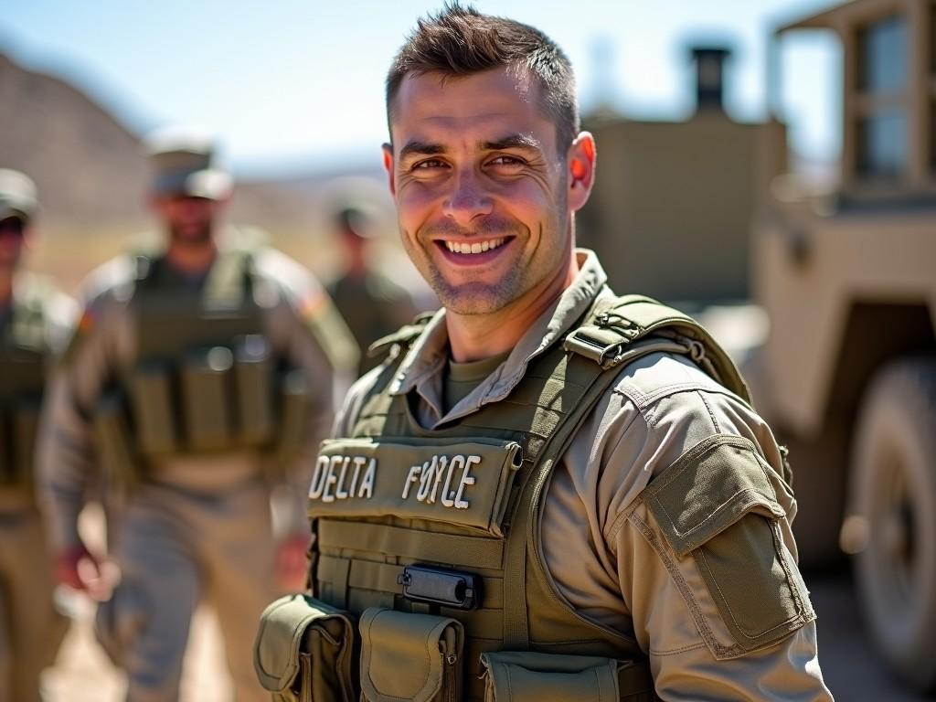 The image shows a soldier from Delta Force standing confidently in a military training setting. He sports a tactical vest labeled 'DELTA FORCE'. In the background, other soldiers are participating in training exercises alongside various military equipment. The soldier’s smile expresses confidence and readiness for action. The scene is well-lit with bright natural daylight, underscoring the soldier's professionalism. The atmosphere is calm yet conveys the intensity of military training.