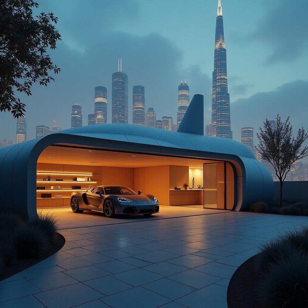 A garage designed as futuristic rocket ship featuring a luxury sports car. Surrounding a city skyline in the twilight with towering skyscrapers of innovative designs.