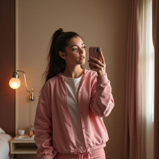 A girl takes a selfie in a hotel room. The setting features light magenta and light gray colors. The style appears soft-edged and dotted, evoking a goosepunk aesthetic. Light brown and light amber accents complement the decor.