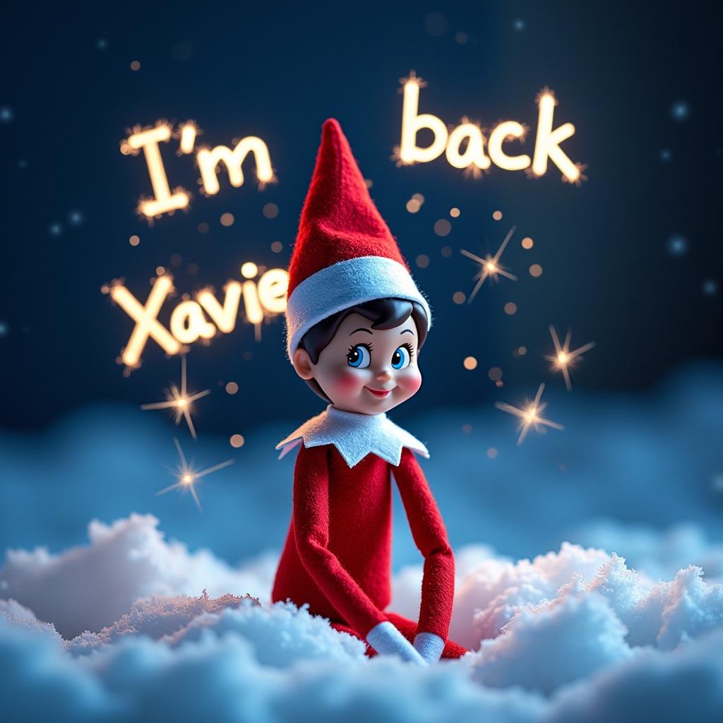 Create a captivating image featuring an Elf on the Shelf in a snowy night setting. The elf is dressed in bright red and white, sitting amidst soft fluffy snow. Above the elf, the name 'Xavier' is written in sparkling letters that resemble fireworks. The background has a soft blue hue, enhancing the nighttime effect, with a few twinkling stars to complete the magical winter scene. The text 'I'm back Izzy & Xavier' is also depicted in sparkling letters, adding a festive touch to the scene.